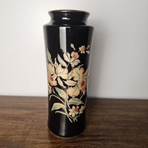 Vintage “Action” 11 In. Vase (Japan) Black w/Flowers, Gold Detail